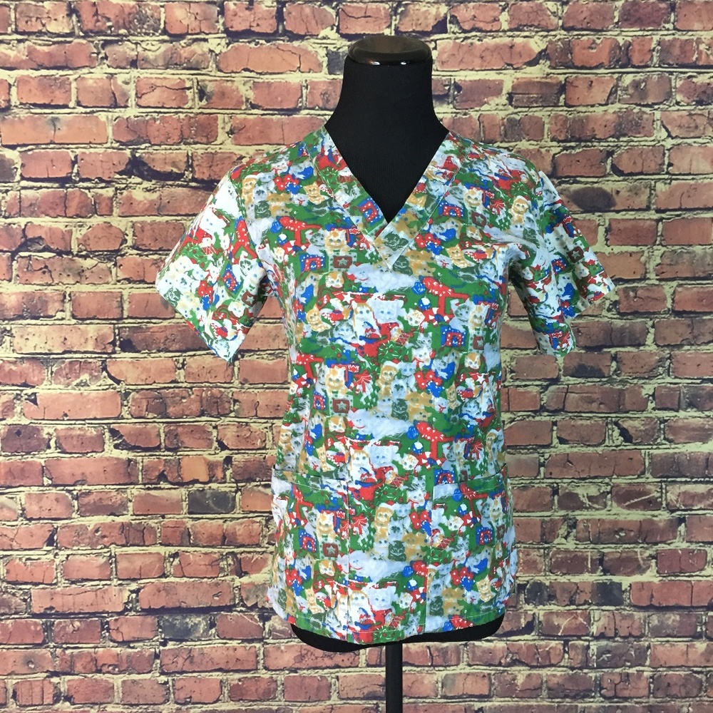 Med + Wear XS Cat Pattern Nurse Scrub Top Shirt